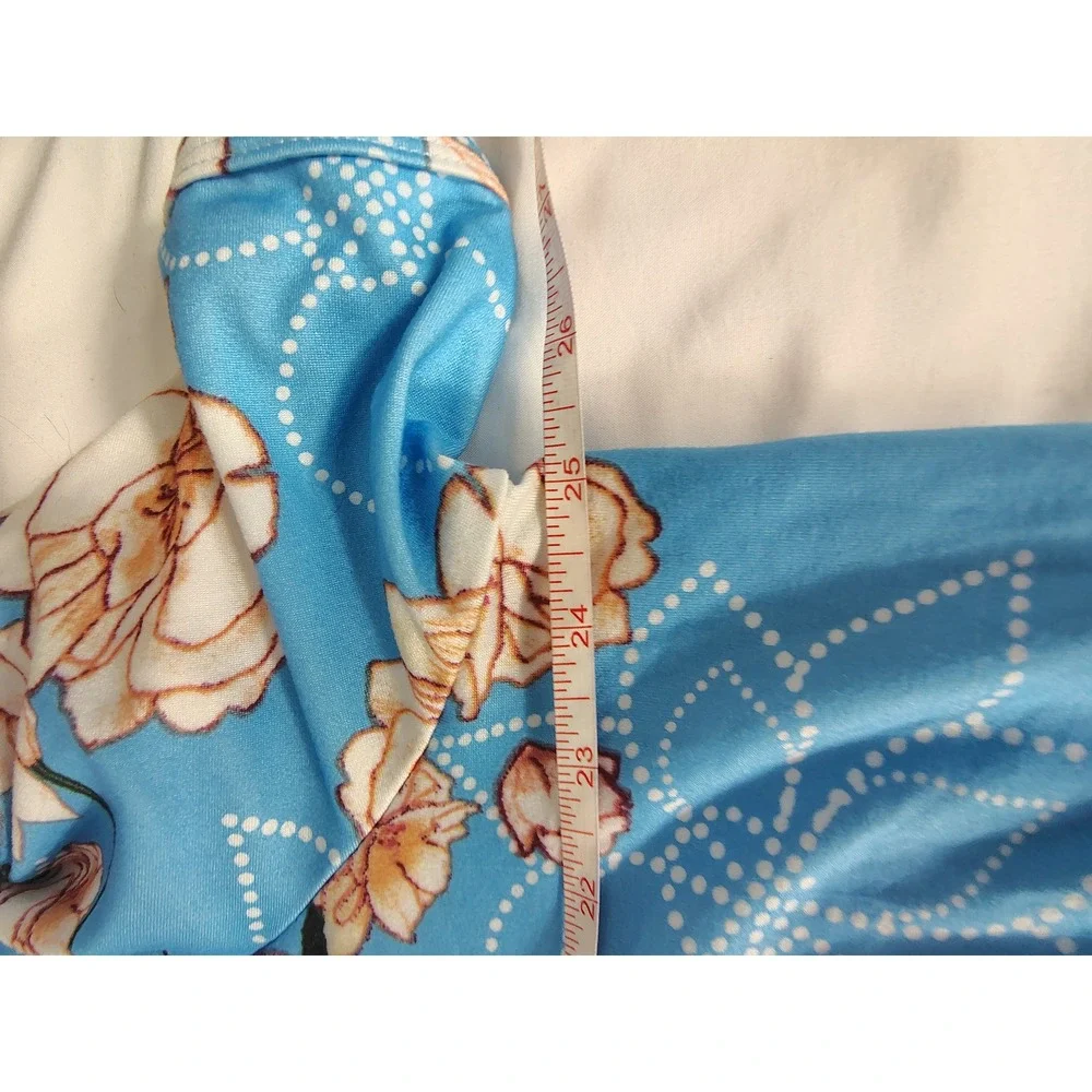 PrinStory Blue Floral Short Sleeve Pleated Empire Waist Tunic Top 3XL